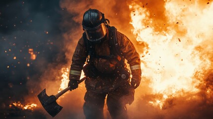 Naklejka premium A heroic firefighter in full gear, standing against raging flames and thick smoke, with a fire axe in his hands 