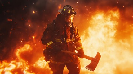 Fototapeta premium A heroic firefighter in full gear, standing against raging flames and thick smoke, with a fire axe in his hands 