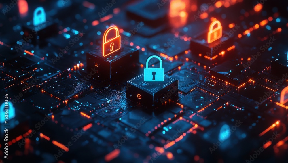Aufkleber abstract digital lock icons on glowing circuit board background representing cybersecurity, encrypti