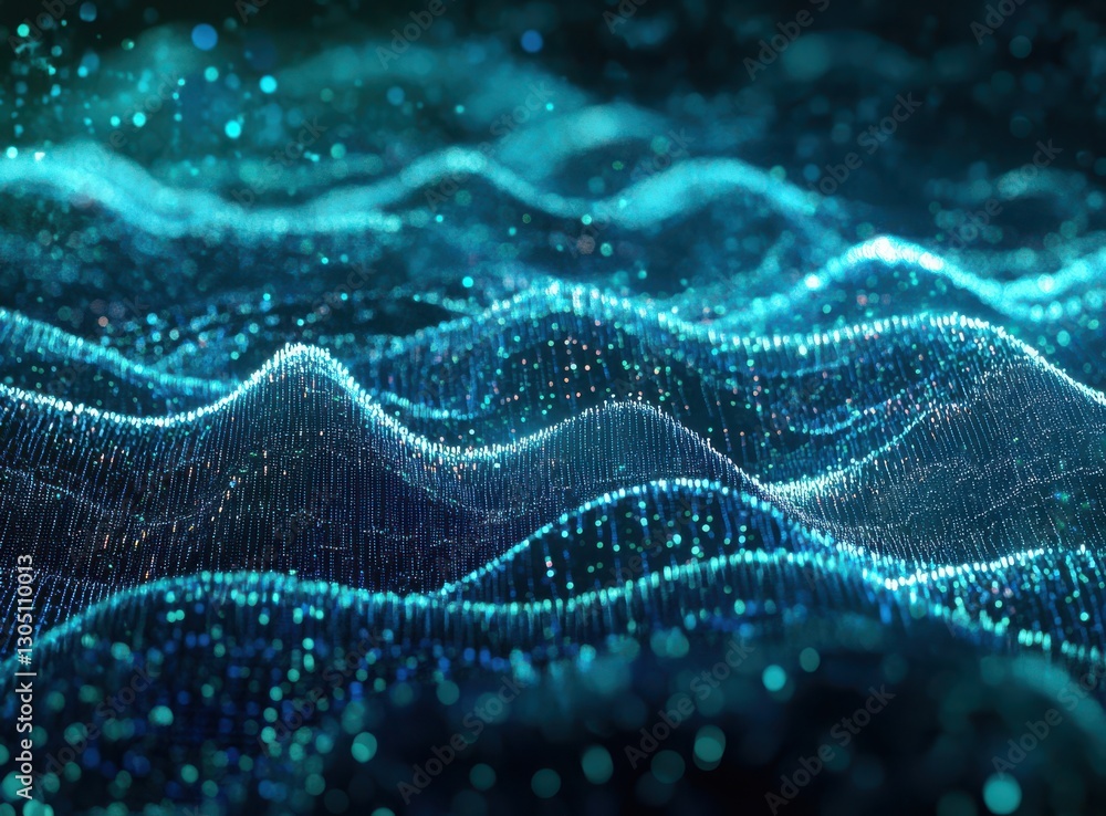 Poster abstract digital landscape with waves of light particles and depth in blue and teal colors ideal for