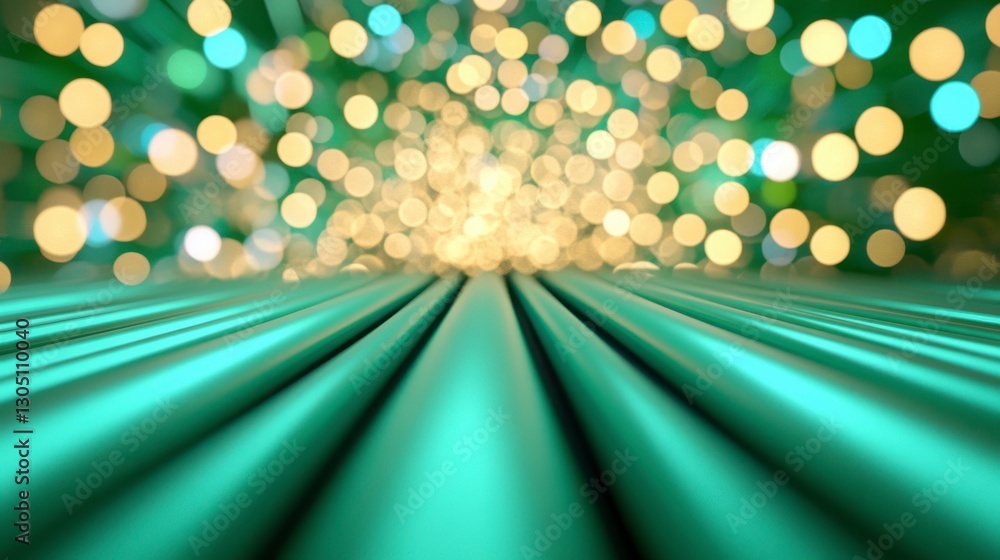 Poster abstract image of teal metallic pipes converging towards a bright, bokeh filled background of green 