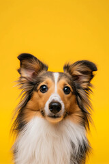Fototapeta premium Shetland Sheepdog dog on minimalistic colorful background with Copy Space. Perfect for banners, veterinary ads, pet food promotions, and minimalist designs.
