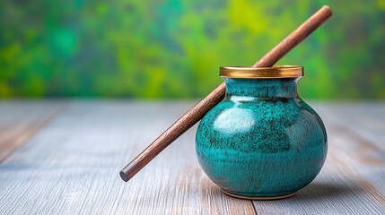 Teal ceramic mate gourd with wooden bombilla, light gray wooden surface, out of focus green background, shallow depth of field.