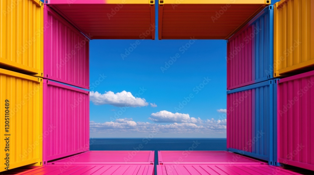 Poster a colorful building with a blue sky and ocean in the background. the building is made of containers 