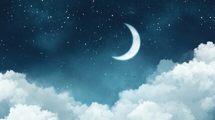 Naklejka premium Crescent Moon Night Sky Cloudscape Soft Dreamy Art