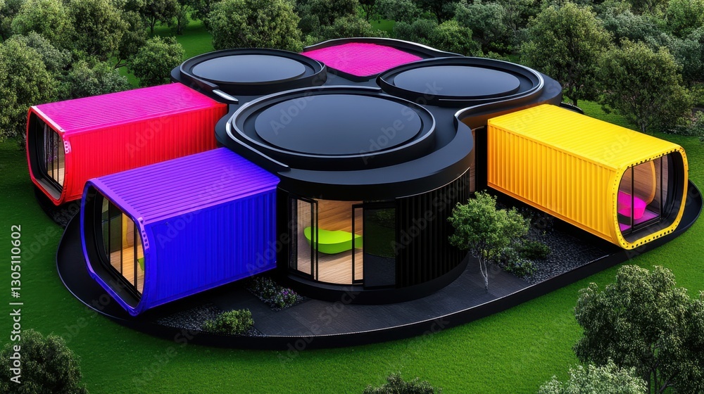Poster a colorful house made of shipping containers is shown in a lush green field. the house is made up of