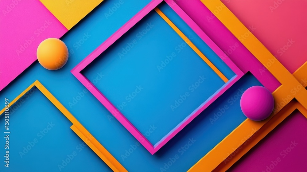 Poster a colorful background with a square in the middle and two circles on either side. the background is 