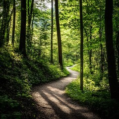 Obraz premium Green Forest Path Peaceful Pathway Road Outdoor Scemic Landscape