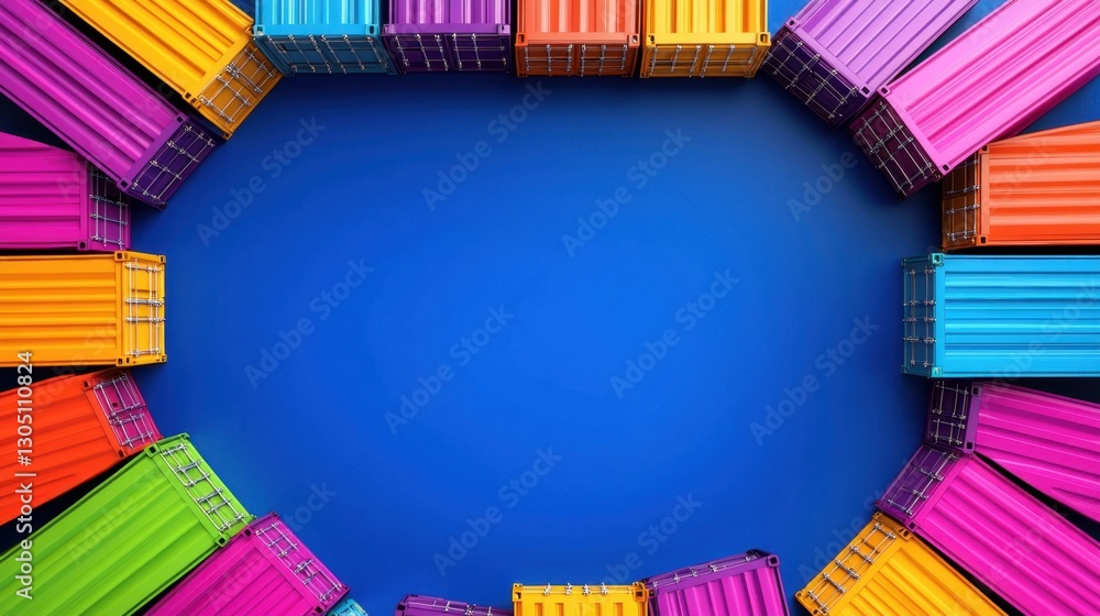 Poster a blue background with a colorful circle of containers. the containers are of different colors and s