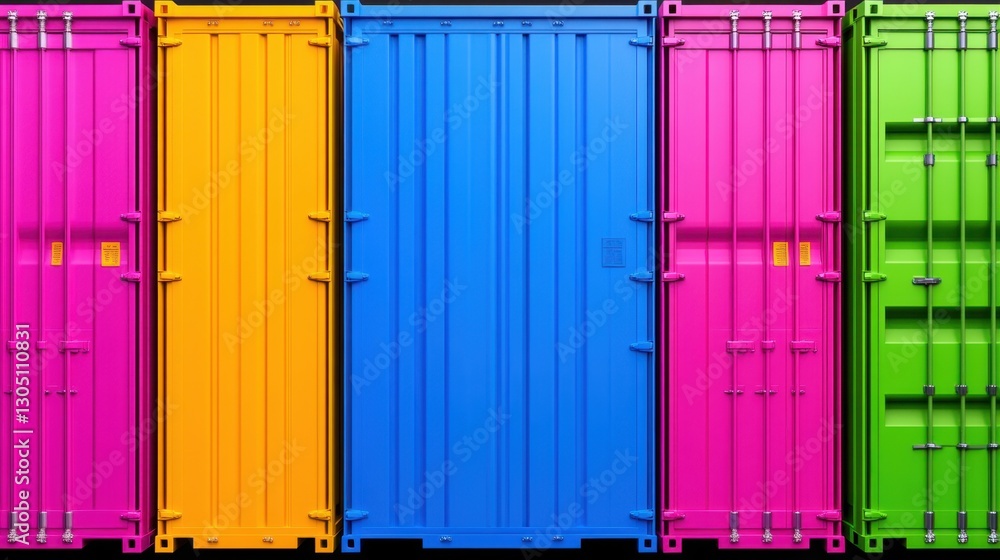 Poster a row of colorful shipping containers with a blue one in the middle. the containers are painted in d