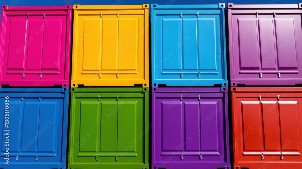 Poster a row of colorful shipping containers with a rainbow of colors. the containers are stacked on top of