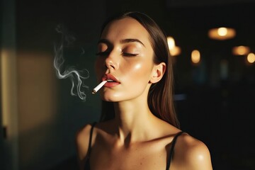 A Woman Smoking a Cigarette in a Dark Room - Generative AI