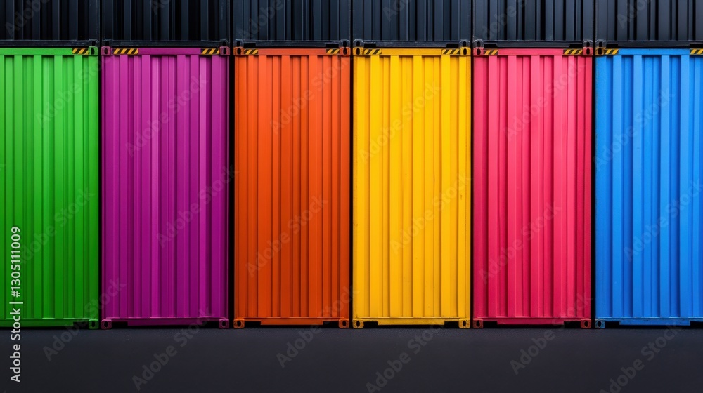 Poster a row of colorful shipping containers are lined up in a row. the colors are bright and vibrant, crea