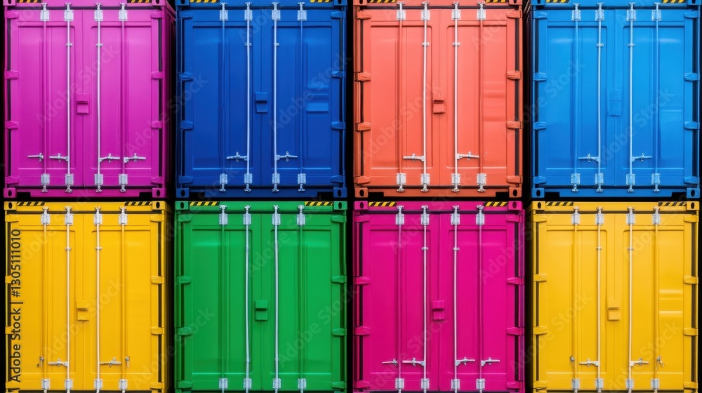 Poster a row of colorful shipping containers with yellow on the far left. the containers are all different 
