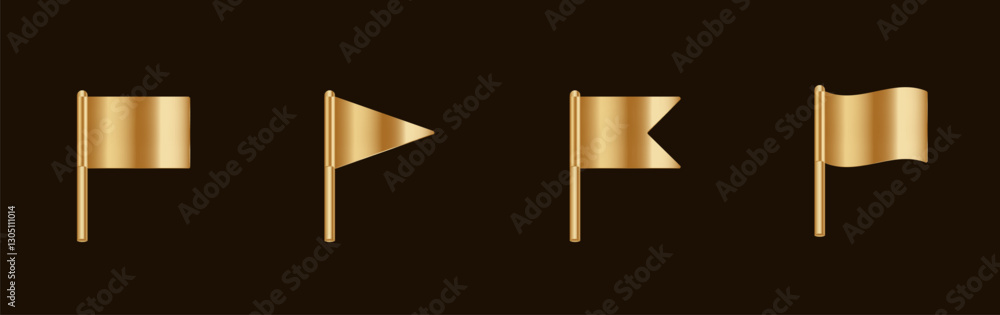 Poster collection of four distinct golden flags on a dark backdrop, showcasing unique flag shapes.
