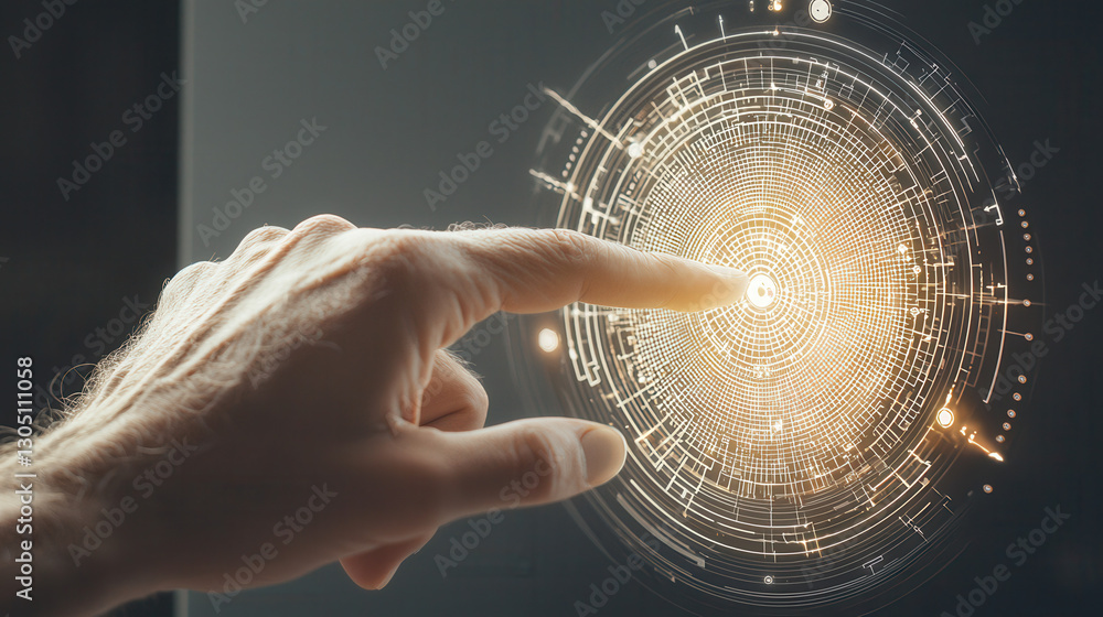 Aufkleber user engaging with futuristic touchscreen interface, exploring digital patterns and connections, sho