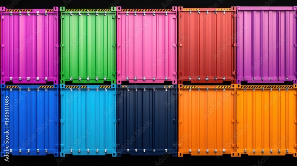 Poster a row of colorful shipping containers with yellow and orange stripes. the containers are arranged in