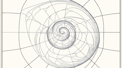 Obraz premium The image is a monochrome line drawing of a spiral shell. A geometric grid overlay is superimposed on the shell, emphasizing its spiral form and internal structure. The style is precise