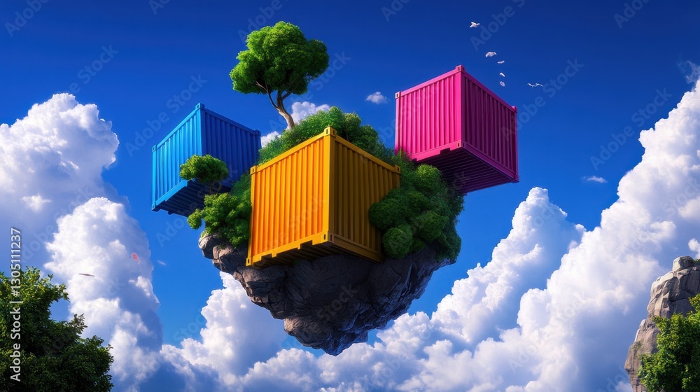 Poster a colorful scene of three different colored boxes floating in the air with a tree growing out of one