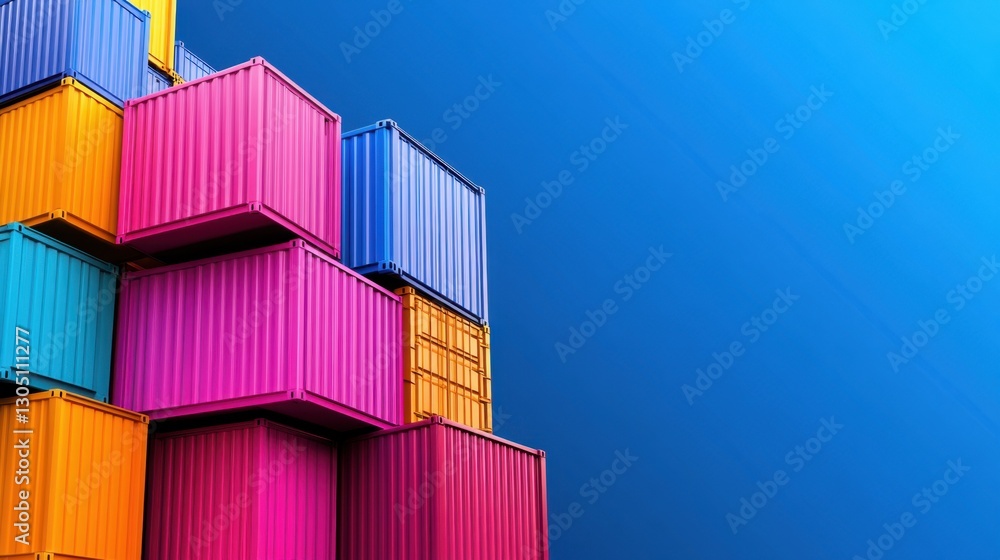 Poster a colorful stack of shipping containers with a blue background. concept of organization and efficien