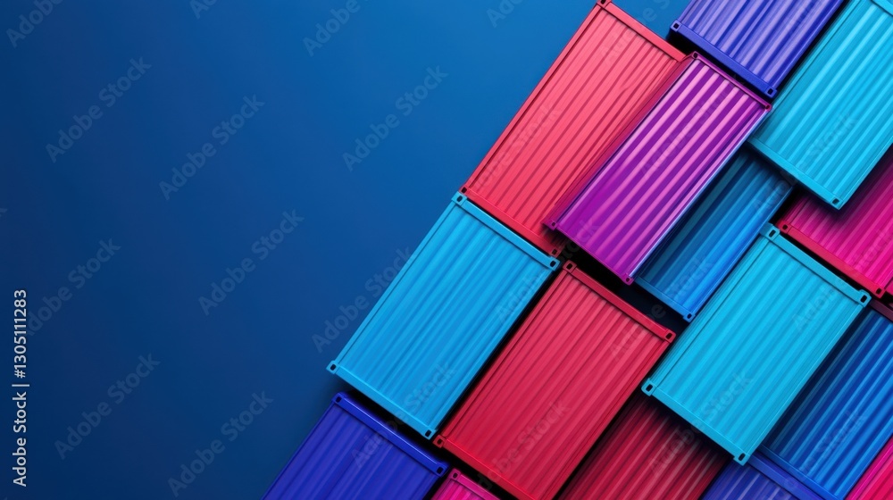 Poster a blue background with a row of red and blue containers. the containers are stacked in a way that th