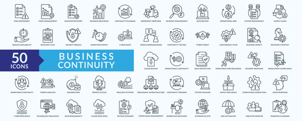 Business continuity icon collection set with risk assessment,crisis management,disaster recovery, data backup, system redundancy
