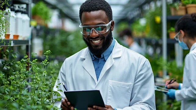 Smiling botanist using a tablet in a greenhouse to manage plant growth and health