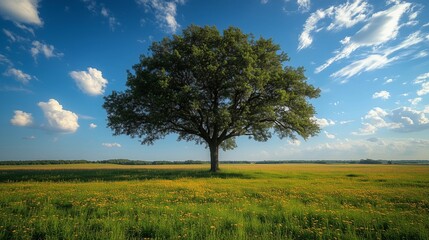 Fototapeta premium Majestic tree with lush green leaves stands alone in a sunlit meadow against clear blue sky