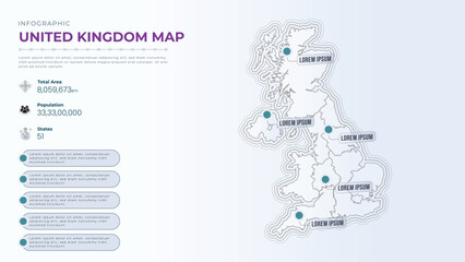Total Area, Papulation, States & More Detailed Infographic Map of United Kingdom. United Kingdom country map infographic colored vector template with regions and pointer marks.