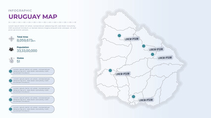 Total Area, Papulation, States & More Detailed Infographic Map of Uruguay. Uruguay country map infographic colored vector template with regions and pointer marks.