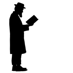 Silhouette of a rabbi reading scripture in prayer, representing faith and devotion, standing in profile with a sacred book.