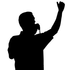 Silhouette of a coach blowing a whistle and raising one hand, controlling the game during a sports match.