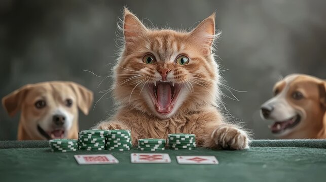 Cat and dog gamble at poker table home game card play cozy setting fun concept