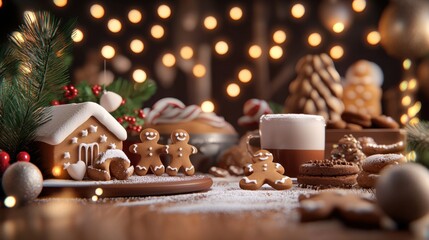 A magical Christmas bakery scene with cookies, gingerbread men, and festive pastries under warm glowing lights.