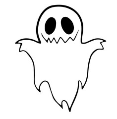 Cartoon Ghost with Oval Head, Large Eyes, and Wavy Edges, Representing the Classic Halloween Concept of Spooky Creatures, Playful Yet Eerie, Floating with a Curved Shape and Spooky Vibes.

