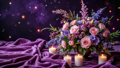 Celestial floral centerpiece with candles and dark blooms, mystical ambiance