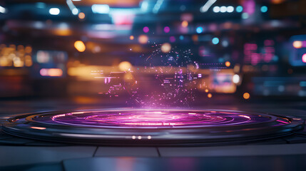 Futuristic digital interface with levitating holographic elements in neon blue and purple showcasing advanced analytics and cybernetic enhancements  
