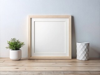 Clean Minimalist White Frame Mockup on Wooden Desk - Stock Photo