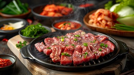 A sizzling Korean BBQ setup with thinly sliced beef 
