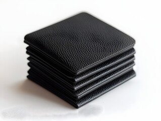 Neatly Stacked Set of Black Leather Business Card Holders on White Background