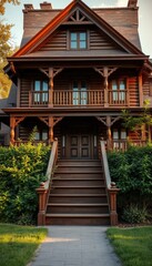 Fototapeta premium The house features a beautifully crafted wooden staircase leading to a spacious deck