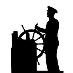 Silhouette of a Cruise Ship Captain at the Helm, Steering the Ship with a Hat and Control Wheel, Representing Leadership, Navigation, and the Expertise of Ship Command in Maritime Operations.   © OS
