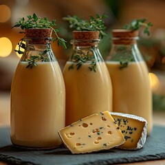 Creamy cheese soup in bottles, festive setting