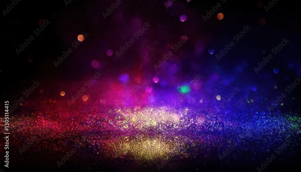 Poster shimmering cosmic dust explosion in vibrant neon colors with golden sparkles on dark background, abs