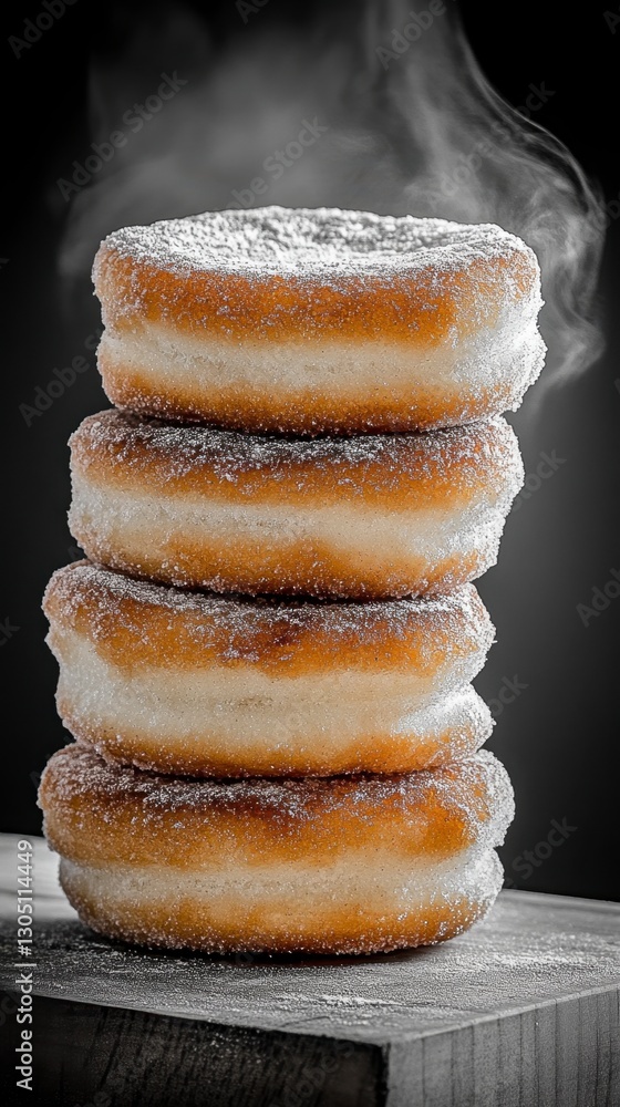 Poster stack of five golden brown, sugary doughnuts steaming on a rustic wooden surface against a dark back