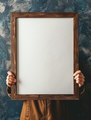 Person holding a blank frame against a textured backdrop