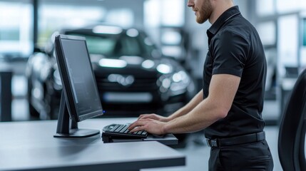 Auto service advisor typing on a computer, discussing repair details with a customer, car in the background.