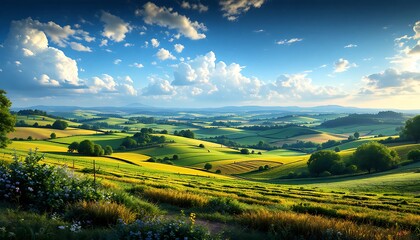 Obraz premium Rolling Green Hills Landscape Under Blue Sky with White Puffy Clouds