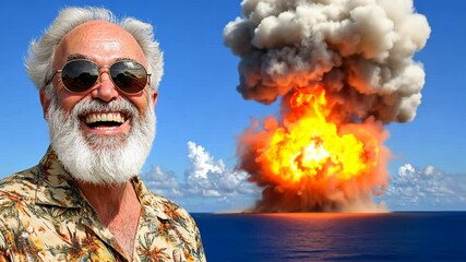 Man with white beard smiles as explosion occurs in the ocean under a blue sky, creating a dramatic scene filled with smoke and fire
