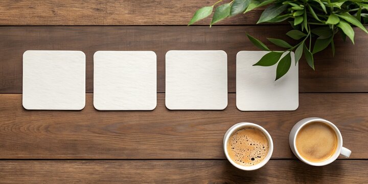 Four blank square coasters mockup arranged on a dark wooden table with two cups of coffee and greenery. Perfect for branding, beverage presentation, and marketing.